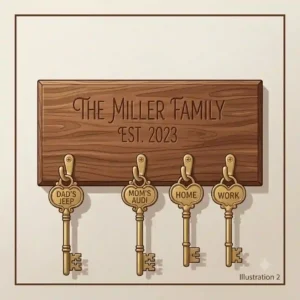 Rustic farmhouse style custom personalized key rack engraved with a family name, styled in a cozy home entrance.