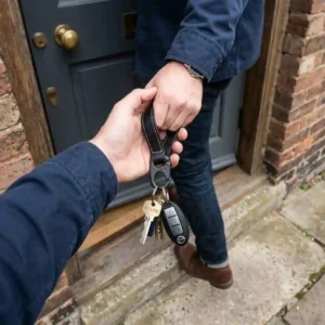 A person holding a black leather key ring with house and car keys attached, stepping out of a door.