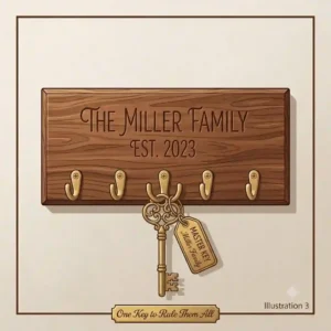 Modern custom personalized key rack with an integrated small shelf holding decorative items and sunglasses.
