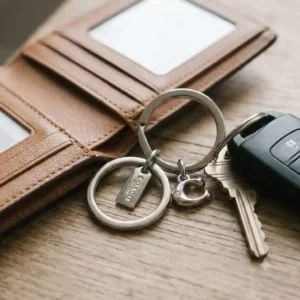 A woman holding a tan leather Coach wallet key ring in her hand.