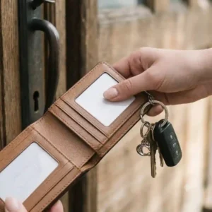 A black Coach wallet key ring clipped onto the strap of a handbag.