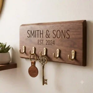 Sleek matte black custom personalized key rack made of metal, hanging near a contemporary apartment door.