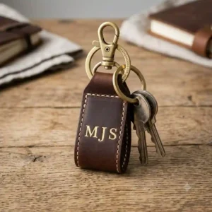 A monogrammed leather key ring featuring custom gold-embossed initials.