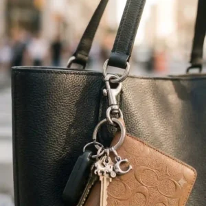 Various colors and patterns of the Coach wallet key ring displayed together.