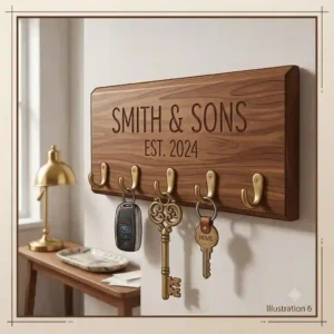 Step-by-step visual guide demonstrating how to install a custom personalized key rack onto a drywall surface.