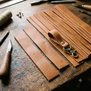 High-quality full-grain leather strips ready to be crafted into a durable leather key ring.