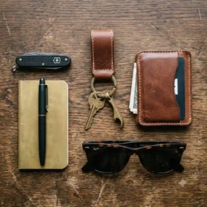 A flat lay of everyday carry essentials including a matching leather key ring, a slim wallet, and sunglasses.