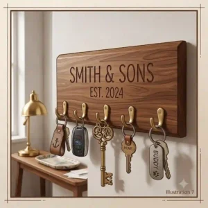 Handmade rustic custom personalized key rack with a built-in slot for sorting mail and letters.